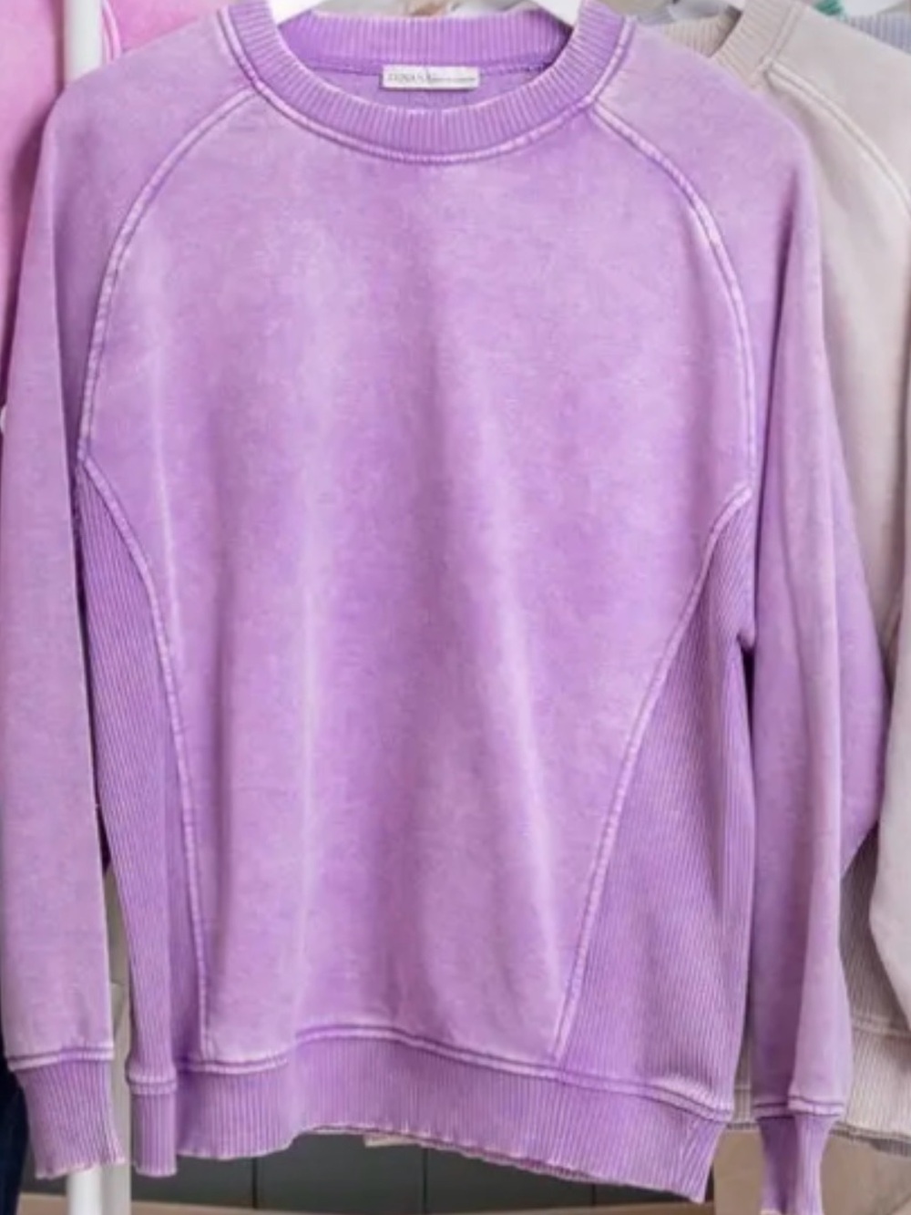 Zenana Outfitters Lavender Pullover Sweatshirt  Round Neck Ribbed sides